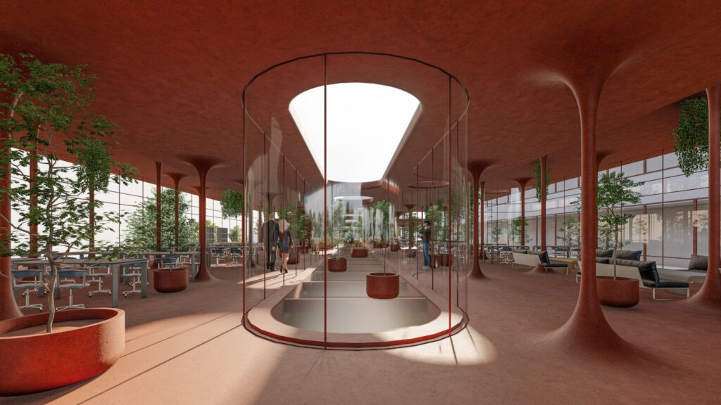 Flexible, open workspace with greenery, tubular columns, and indoor outdoor transitions